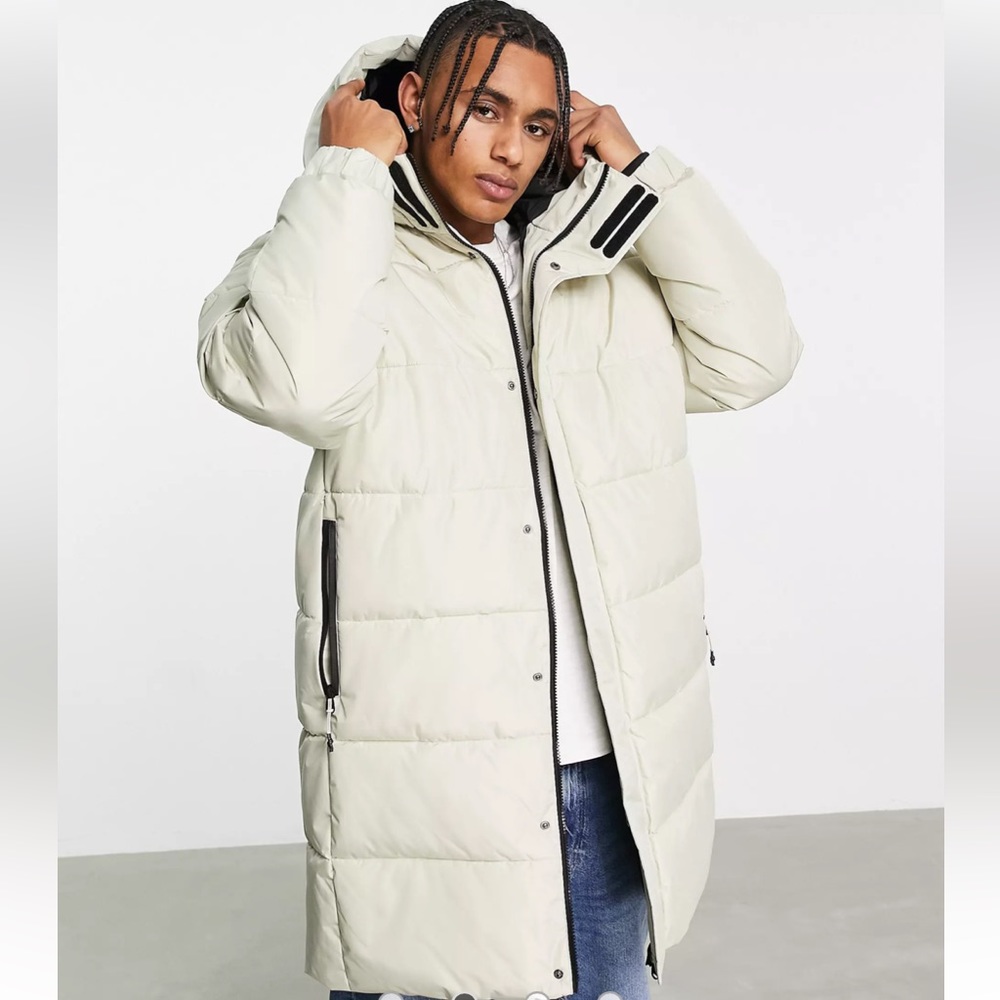 Pull&Bear mid length puffer coat with hood in stone
